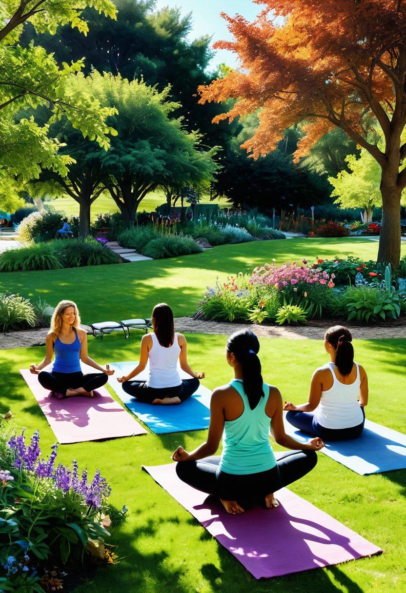 A serene landscape featuring a diverse group of individuals engaging in various supportive activities like yoga, group therapy, and nature walks in a bright, sunny park. In the background, a vibrant community garden symbolizes healing and growth. The atmosphere is uplifting and hopeful, radiating positivity and strength. super-realistic. vibrant colors. peaceful setting.