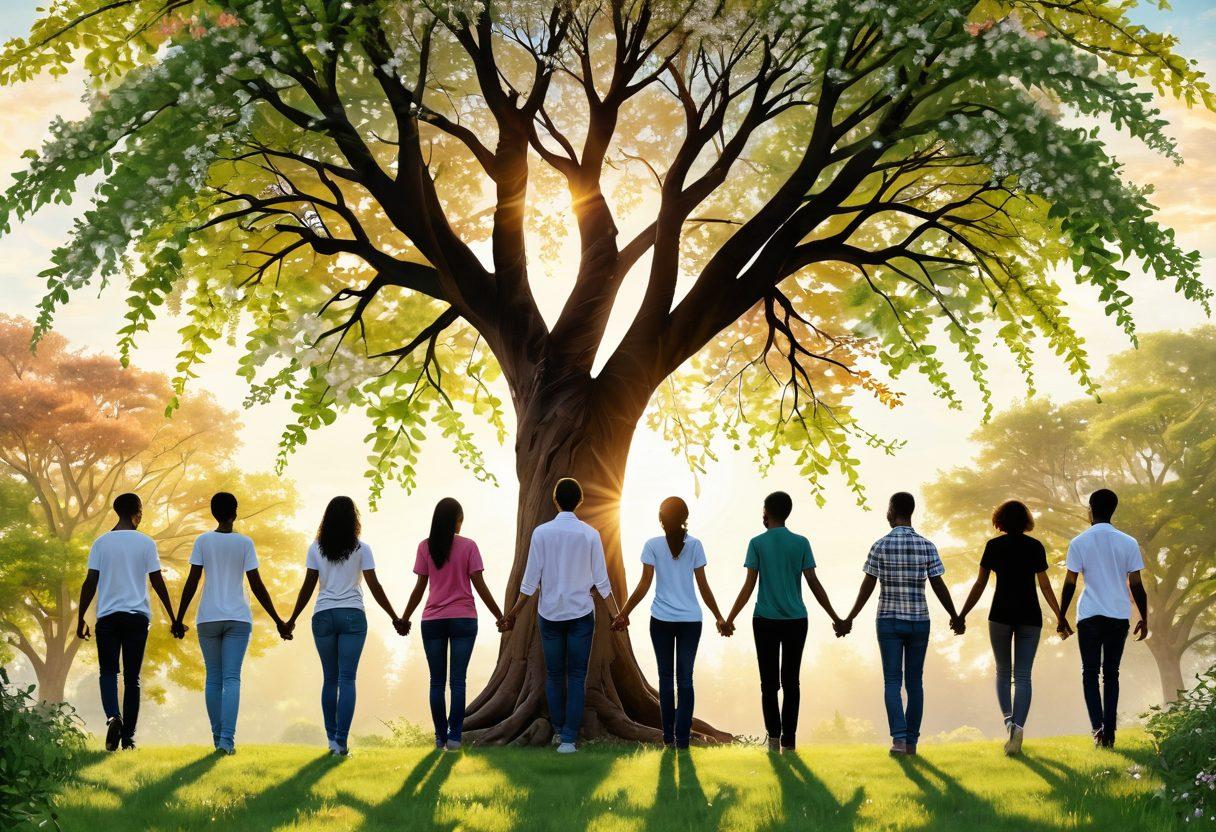 A diverse group of people holding hands in a circle, symbolizing support, with a backdrop of a serene nature scene representing healing. In the foreground, a blooming tree stands tall, symbolizing resilience and growth, with soft sunlight filtering through the leaves. The expressions on their faces reflect hope and determination. super-realistic. vibrant colors. peaceful atmosphere.