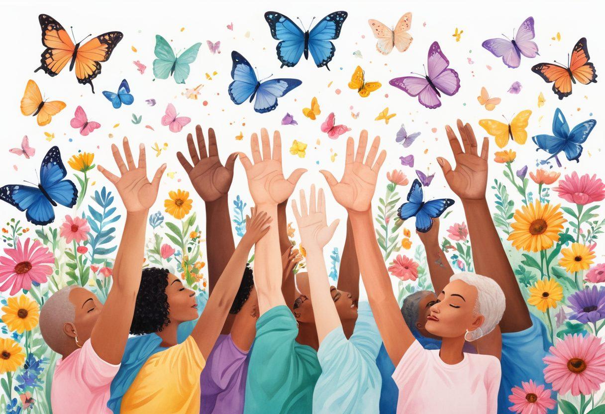 A vibrant scene depicting a diverse group of cancer survivors, united in empowerment and support, surrounded by symbols of health such as flowers, butterflies, and light. Include elements representing essential resources like books, a computer, and hands reaching out for help. The background should convey hope and strength, filled with soft pastel colors that inspire positivity and resilience. super-realistic. vibrant colors. white background.